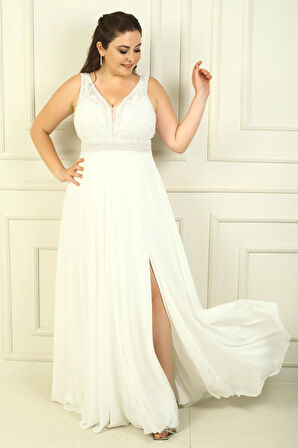 Ön Arka V Yaka Üst Boncuklu Çiçek Motifli Astarlı Uzun Şifon Abiye Elbise