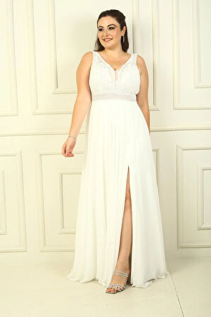 Ön Arka V Yaka Üst Boncuklu Çiçek Motifli Astarlı Uzun Şifon Abiye Elbise