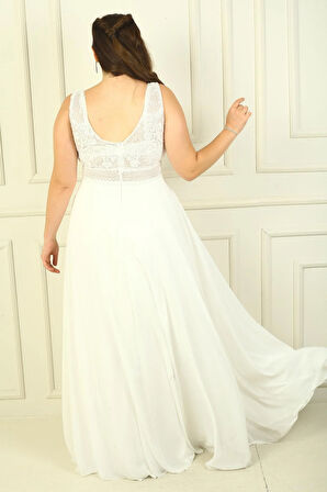 Ön Arka V Yaka Üst Boncuklu Çiçek Motifli Astarlı Uzun Şifon Abiye Elbise