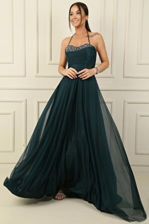 Önü Drapeli Taş Detaylı Astarlı Uzun Tül Abiye Elbise