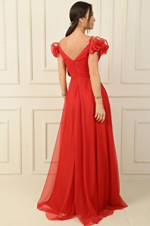 Ön Arka V Yaka İp Askılı Kısa Kollu Önü Taşlı Astarlı Uzun Tül Elbise