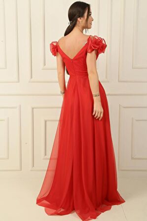 Ön Arka V Yaka İp Askılı Kısa Kollu Önü Taşlı Astarlı Uzun Tül Elbise