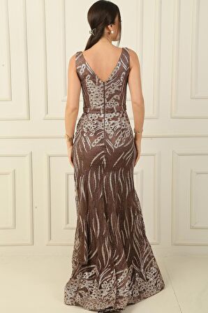 Kalın Askılı Hayalet Tüllü Astarlı Simli Uzun Elbise