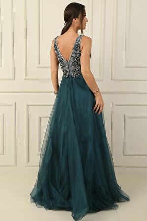 Taş Ve Boncuk İşlemeli Astarlı Uzun Tül Elbise