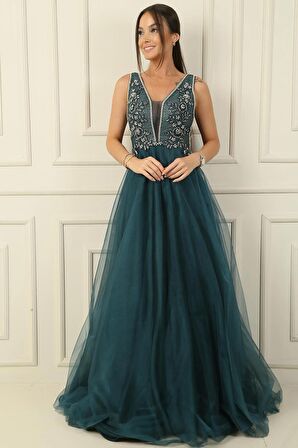 Taş Ve Boncuk İşlemeli Astarlı Uzun Tül Elbise