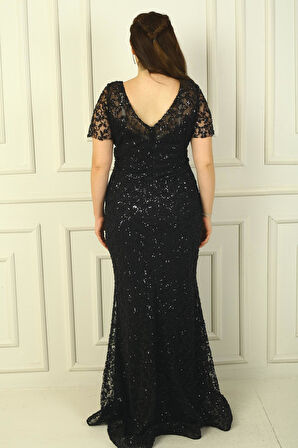 Ön Arka V Yaka Astarlı Boncuk-Pul İşlemeli Büyük Beden Abiye Elbise