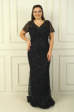 Ön Arka V Yaka Astarlı Boncuk-Pul İşlemeli Büyük Beden Abiye Elbise