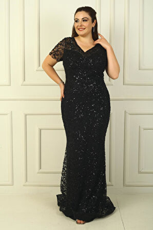 Ön Arka V Yaka Astarlı Boncuk-Pul İşlemeli Büyük Beden Abiye Elbise