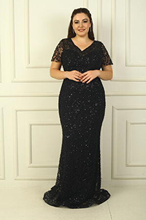 Ön Arka V Yaka Astarlı Boncuk-Pul İşlemeli Büyük Beden Abiye Elbise