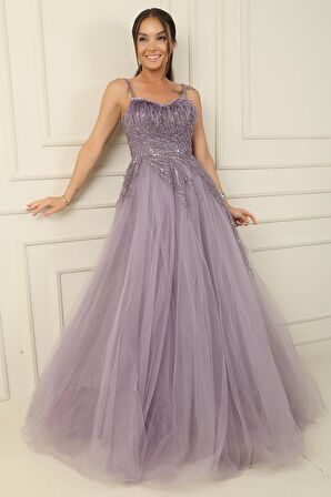 Askılı Yaka Tüylü Pul-Boncuk İşlemeli Astarlı Uzun Prenses Abiye Elbise