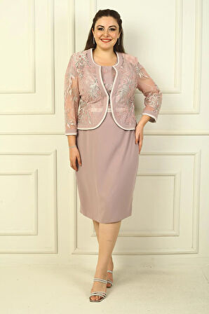 Tırnak Kol Astarlı Kısa Elbise Tül Ceket Nakışlı Büyük Beden 2'li Takım