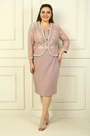 Tırnak Kol Astarlı Kısa Elbise Tül Ceket Nakışlı Büyük Beden 2'li Takım