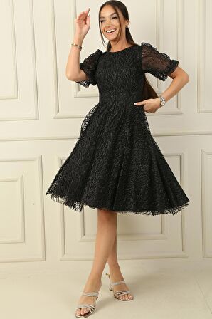 Yarım Balon Kol Astarlı Flok Baskı Kısa Abiye Elbise