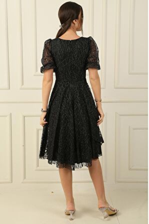 Yarım Balon Kol Astarlı Flok Baskı Kısa Abiye Elbise