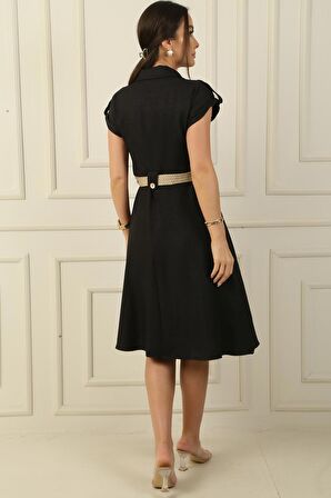 Yakalı Düşük Omuz Çift Cepli Kemerli Keten Elbise