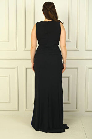 Kruvaze Yaka Önü Büzgülü Astarlı 2 Renk Büyük Beden Şifon Uzun Elbise