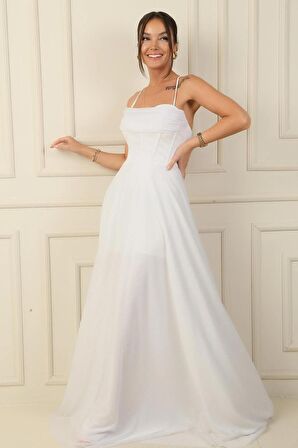 İp Askılı Balenli Üstü Drapeli Astarlı Tül Simli Uzun Abiye Elbise