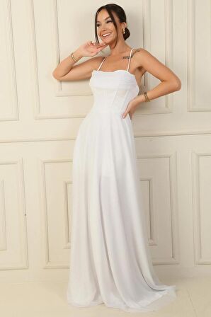 İp Askılı Balenli Üstü Drapeli Astarlı Tül Simli Uzun Abiye Elbise