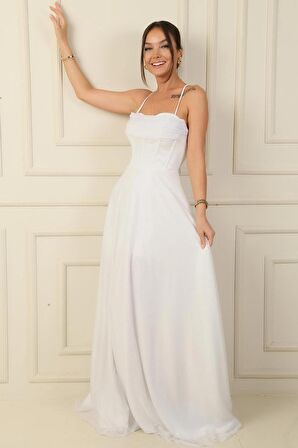 İp Askılı Balenli Üstü Drapeli Astarlı Tül Simli Uzun Abiye Elbise