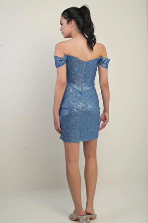 Askılı Önü Drapeli Balenli Astarlı Pulpayet Kısa Elbise