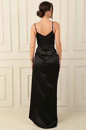 İp Askılı Kruvaze Yaka Beli Pileli astarlı Saten Uzun Abiye Elbise