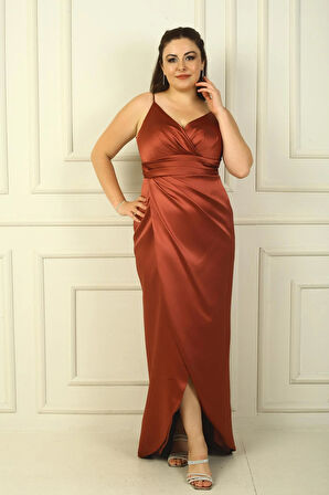 İp Askılı Kruvaze Yaka Beli Pileli astarlı Saten Uzun Abiye Elbise