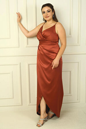 İp Askılı Kruvaze Yaka Beli Pileli astarlı Saten Uzun Abiye Elbise