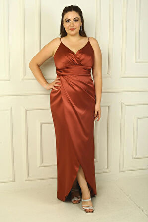 İp Askılı Kruvaze Yaka Beli Pileli astarlı Saten Uzun Abiye Elbise