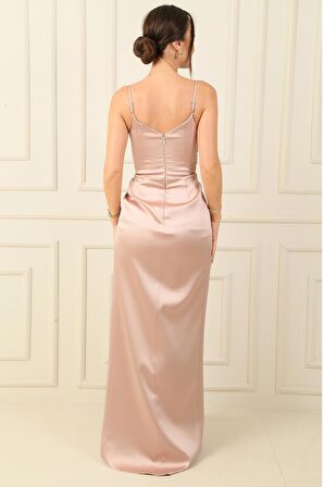 İp Askılı Kruvaze Yaka Beli Pileli astarlı Saten Uzun Abiye Elbise