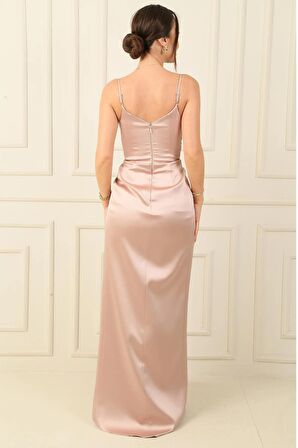 İp Askılı Kruvaze Yaka Beli Pileli astarlı Saten Uzun Abiye Elbise