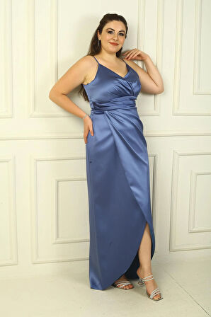 İp Askılı Kruvaze Yaka Beli Pileli astarlı Saten Uzun Abiye Elbise