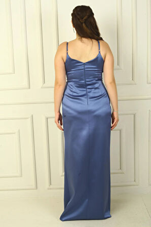 İp Askılı Kruvaze Yaka Beli Pileli astarlı Saten Uzun Abiye Elbise