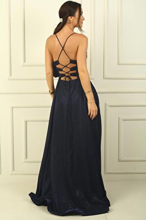 İp Askılı Astarlı Simli Uzun Abiye Elbise