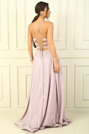 İp Askılı Astarlı Simli Uzun Abiye Elbise