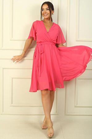 Kruvaze Yaka Volan Kollu Astarlı Şifon Elbise