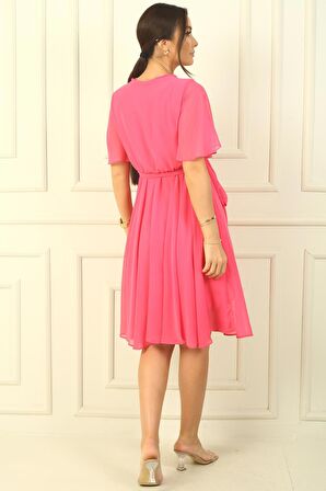 Kruvaze Yaka Volan Kollu Astarlı Şifon Elbise