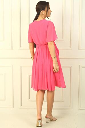 Kruvaze Yaka Volan Kollu Astarlı Şifon Elbise