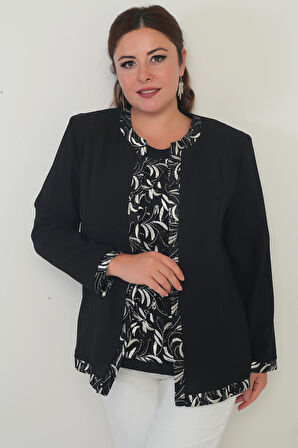 Pullu Krep İçi Kısa Kollu Bluz Ceket Büyük Beden 2'li Takım