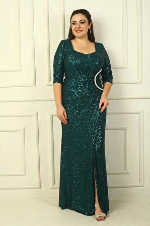 Truvakar Kol Astarlı Önü Drapeli Pulpayet Büyük Beden Uzun Elbise