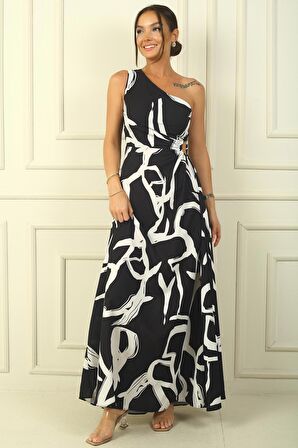 Tek Omuz Yandan Pencereli Karışık Desen Uzun Krep Saten Elbise