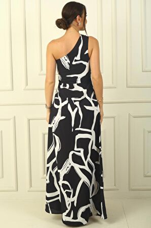 Tek Omuz Yandan Pencereli Karışık Desen Uzun Krep Saten Elbise