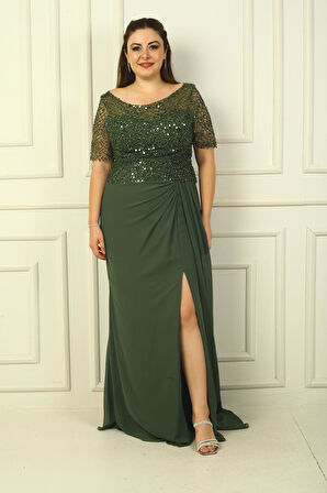 Üstü Boncuk İşlemeli Yarım Kol B.B. Uzun Şifon Elbise