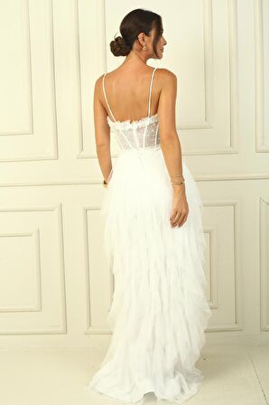 Boncuk İp Askılı Straplez Mendil Saçaklı Astarlı Uzun Tül Elbise