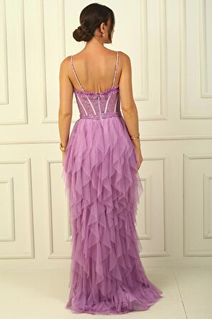 Boncuk İp Askılı Straplez Mendil Saçaklı Astarlı Uzun Tül Elbise