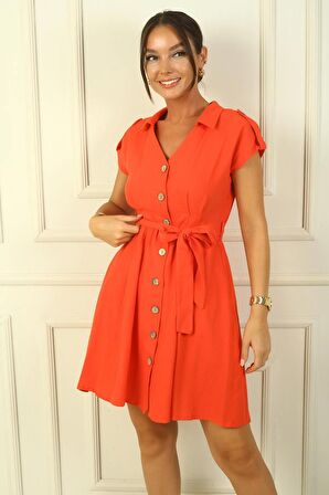 Polo Yaka Önü Düğmeli Beli Kuşaklı Pile Detaylı Keten Elbise