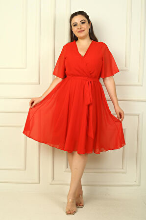 Kadın Kruvaze Yaka Volan Kollu Astarlı B.B Şifon Elbise