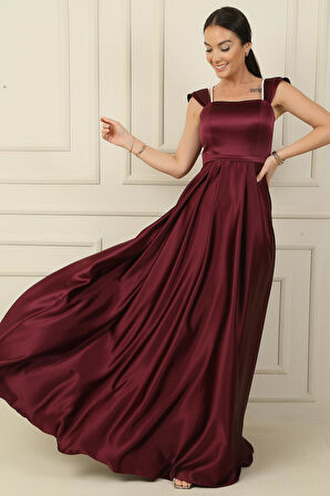 Askılı Taş Detaylı Kare Yaka Astarlı Uzun Saten Elbise