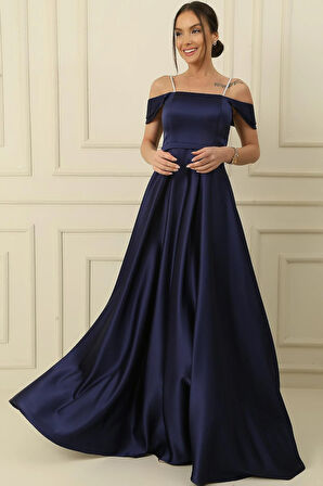 Askılı Taş Detaylı Kare Yaka Astarlı Uzun Saten Elbise