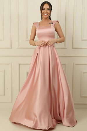 Askılı Taş Detaylı Kare Yaka Astarlı Uzun Saten Elbise