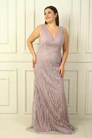 Kadın Omzu Püsküllü Astarlı Boncuk Ve Taşlı Büyük Beden Uzun Elbise